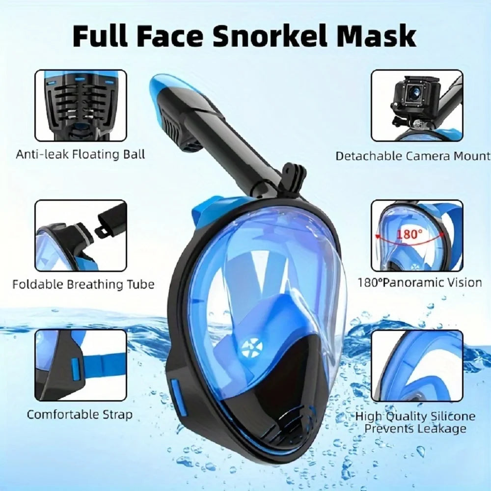 Full Face Snorkel Mask with Detachable Camera Mount,Snorkeling Swimming Diving Mask Wide View Anti-Fog Anti-Leak for Adult Youth