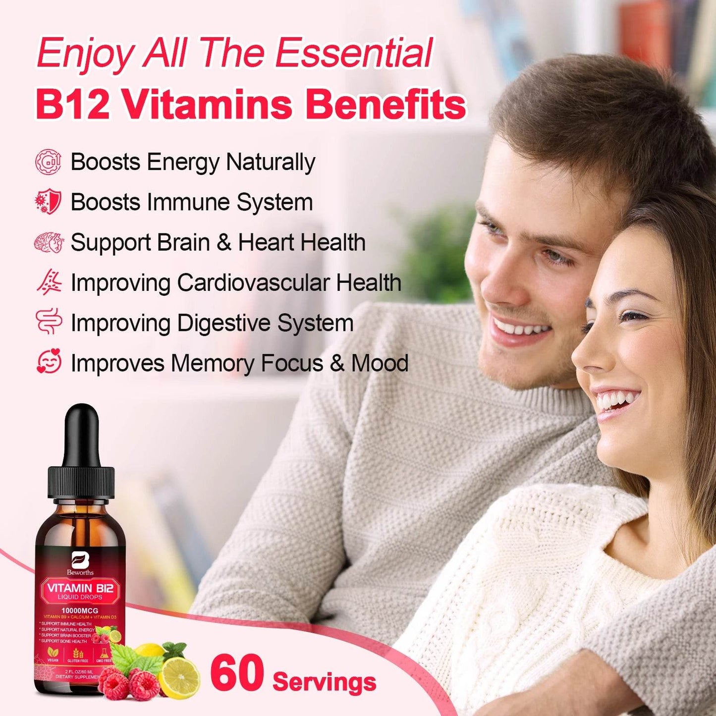 BEWORTHS Vitamin B12 Drops Energy Supplements Support Immune Health Protecting Cardiovascular Health Promote Digestion