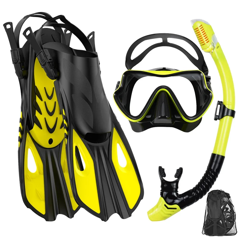 Mask Fin Snorkel Set Snorkel Gear for Adult Panoramic View Snorkel Mask Adjustable Dive Flipper Dry Top Snorkel and Travel Bag