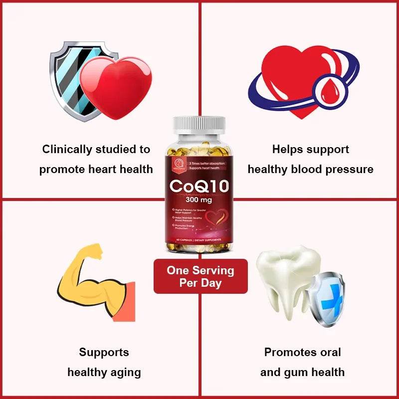 BBEEAAUU Coenzyme Q10 Capsules Heart Health Supplement COQ10 Supports Cardiovascular Health Blood Pressure Health