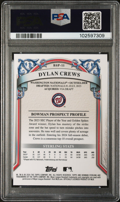 Graded 2024 Topps Bowman Sterling Dylan Crews #BSP11 Prospects Rookie RC Baseball Card PSA 9 Mint