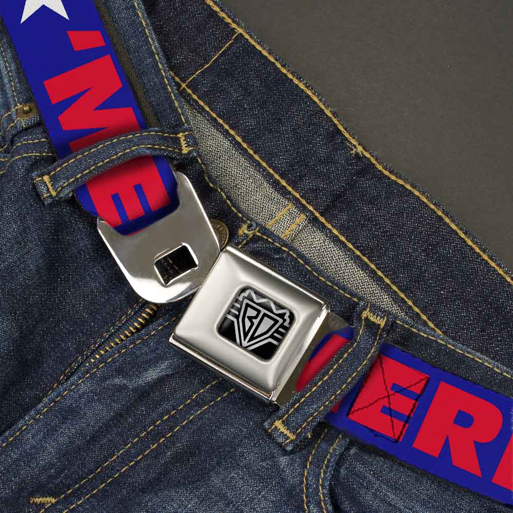 BD Wings Logo CLOSE-UP Full Color Black Silver Seatbelt Belt - 'MERICA/Star Blue/Red/White Webbing