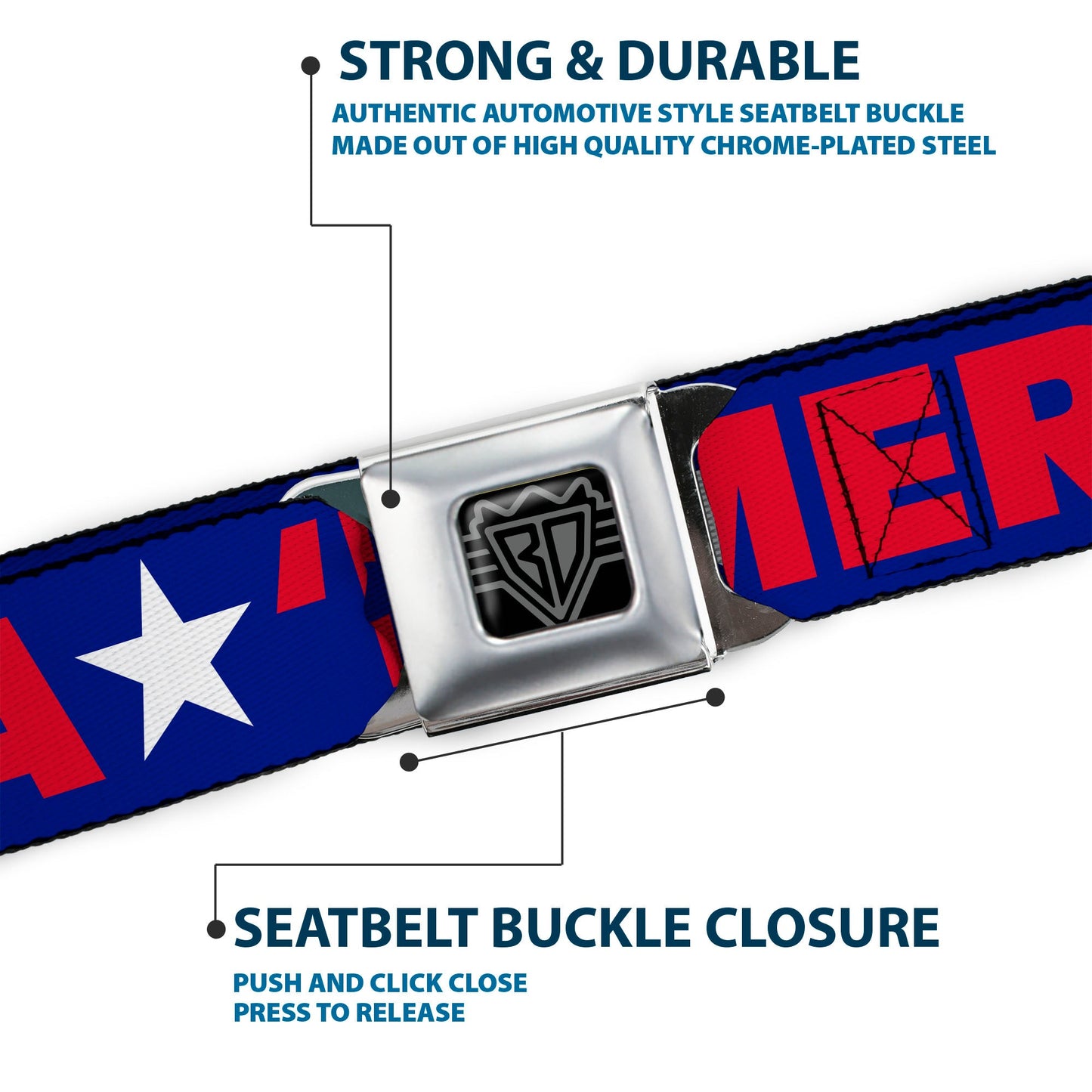 BD Wings Logo CLOSE-UP Full Color Black Silver Seatbelt Belt - 'MERICA/Star Blue/Red/White Webbing