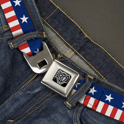 BD Wings Logo CLOSE-UP Full Color Black Silver Seatbelt Belt - Americana Stars & Stripes2 Blue/White/Red/White Webbing