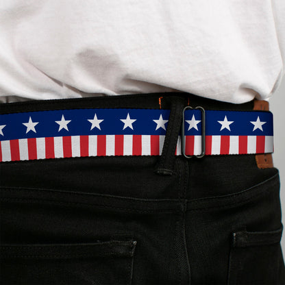 BD Wings Logo CLOSE-UP Full Color Black Silver Seatbelt Belt - Americana Stars & Stripes2 Blue/White/Red/White Webbing