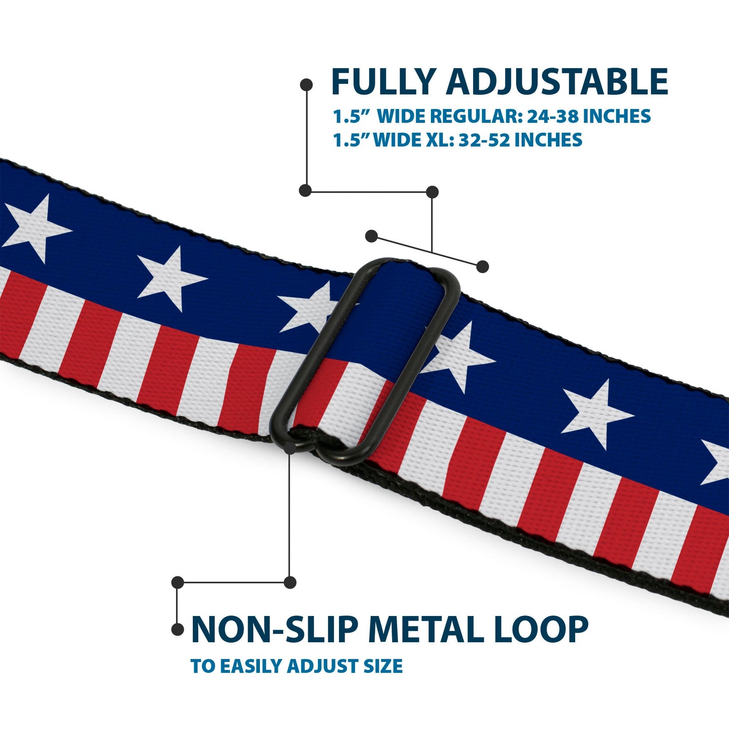 BD Wings Logo CLOSE-UP Full Color Black Silver Seatbelt Belt - Americana Stars & Stripes2 Blue/White/Red/White Webbing