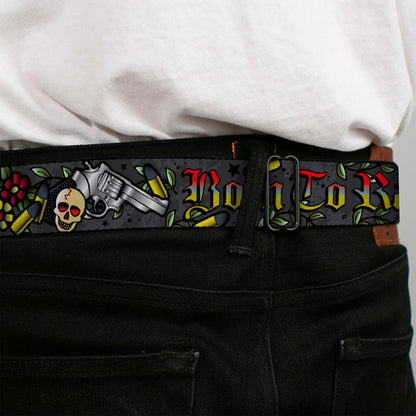 BD Wings Logo CLOSE-UP Full Color Black Silver Seatbelt Belt - Born to Raise Hell Gray Webbing