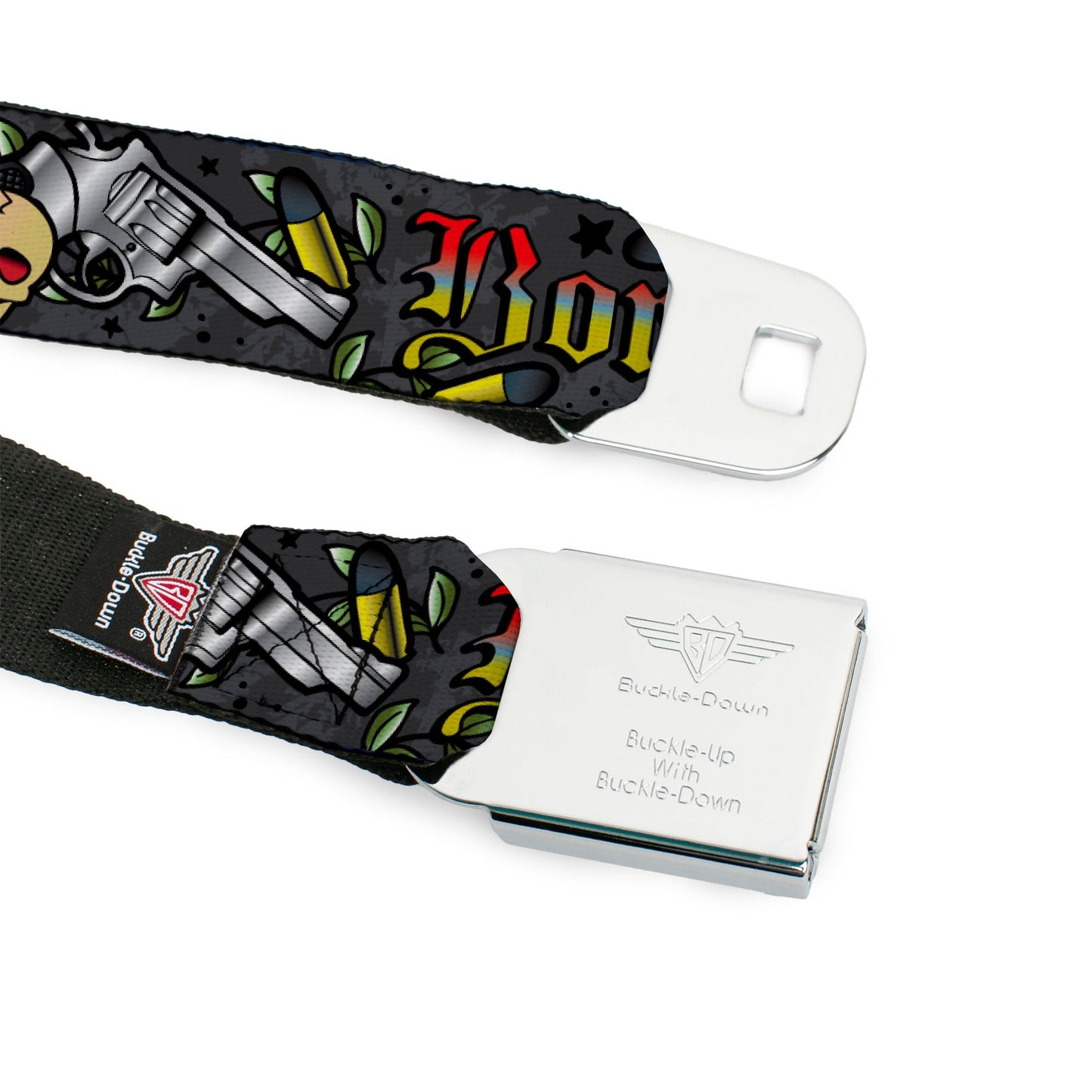 BD Wings Logo CLOSE-UP Full Color Black Silver Seatbelt Belt - Born to Raise Hell Gray Webbing