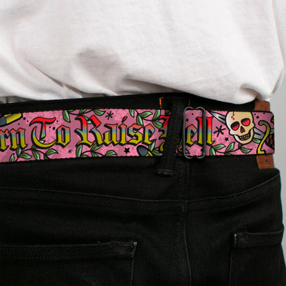 BD Wings Logo CLOSE-UP Full Color Black Silver Seatbelt Belt - Born to Raise Hell Pink Webbing
