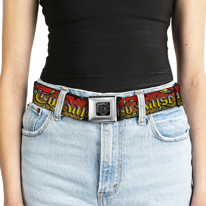 BD Wings Logo CLOSE-UP Full Color Black Silver Seatbelt Belt - Born to Raise Hell Red Webbing