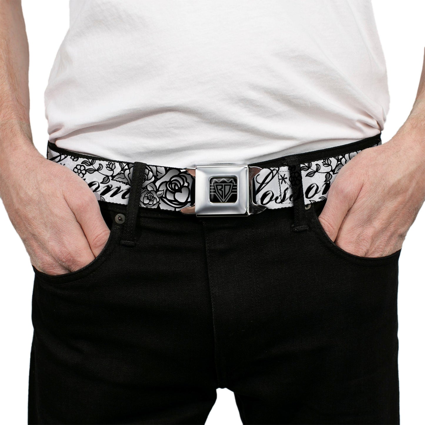 BD Wings Logo CLOSE-UP Full Color Black Silver Seatbelt Belt - Born to Blossom Black/White Webbing