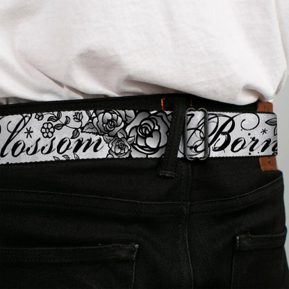 BD Wings Logo CLOSE-UP Full Color Black Silver Seatbelt Belt - Born to Blossom Black/White Webbing