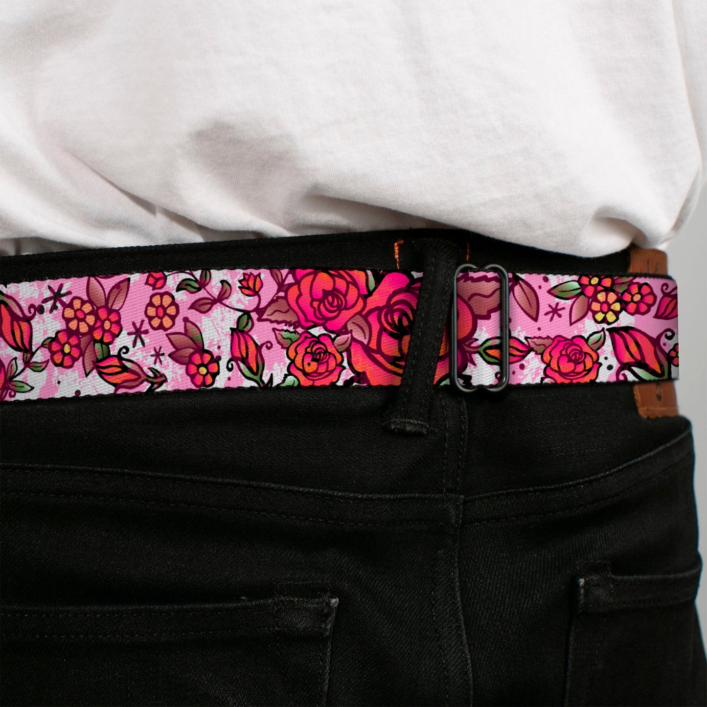 BD Wings Logo CLOSE-UP Full Color Black Silver Seatbelt Belt - Born to Blossom CLOSE-UP White Webbing