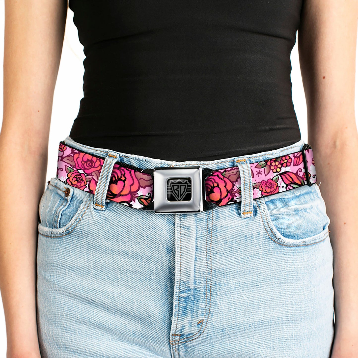 BD Wings Logo CLOSE-UP Full Color Black Silver Seatbelt Belt - Born to Blossom CLOSE-UP White Webbing