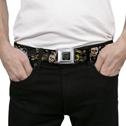 BD Wings Logo CLOSE-UP Full Color Black Silver Seatbelt Belt - Born to Raise Hell CLOSE-UP Black Webbing