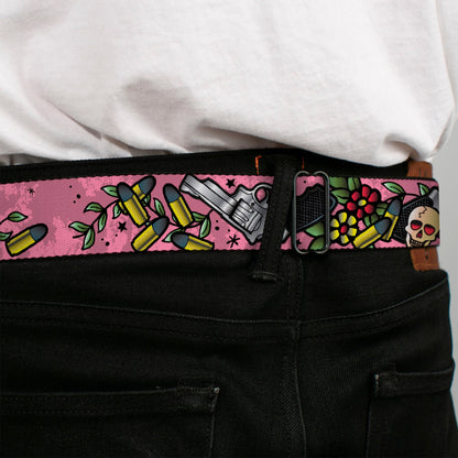 BD Wings Logo CLOSE-UP Full Color Black Silver Seatbelt Belt - Born to Raise Hell CLOSE-UP Pink Webbing