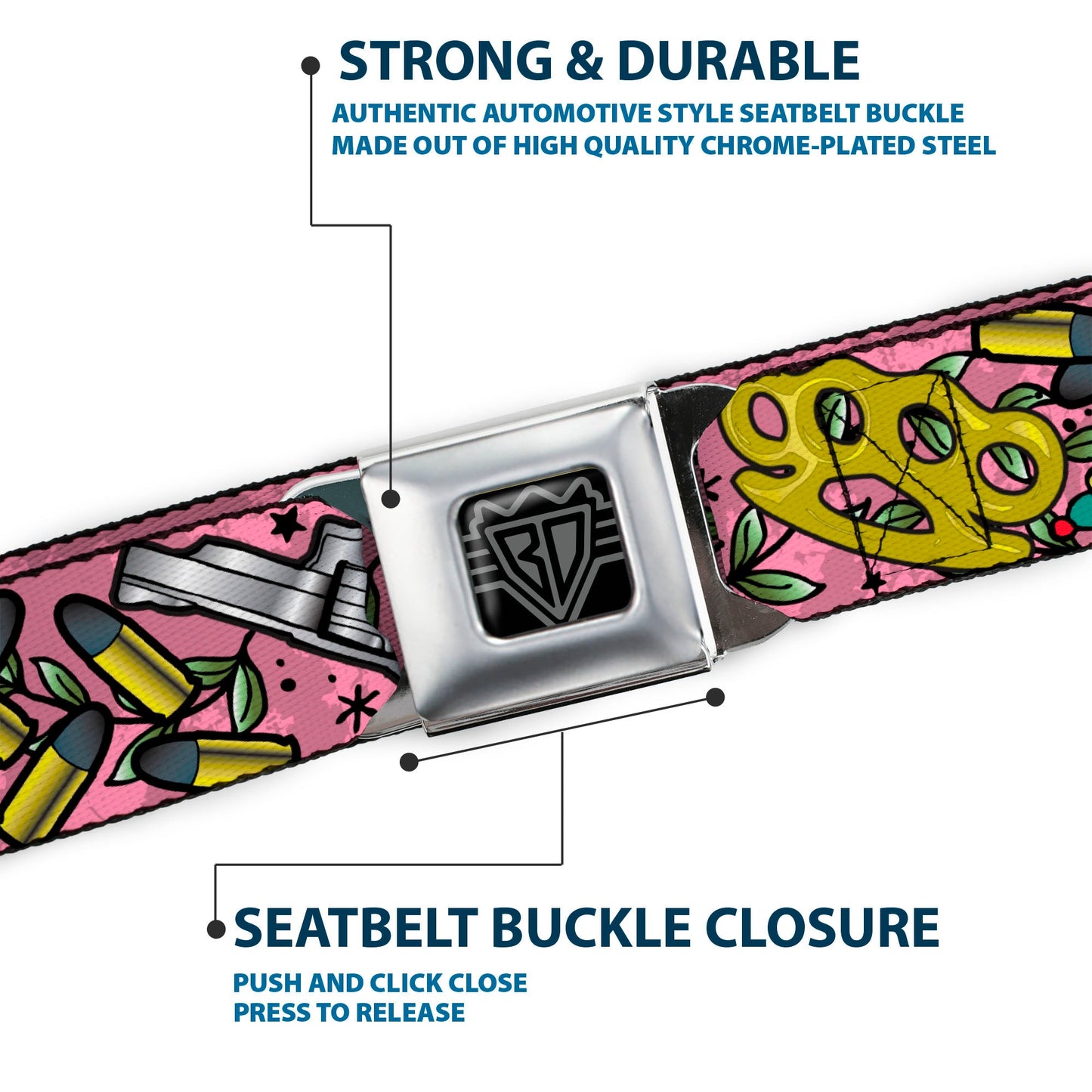 BD Wings Logo CLOSE-UP Full Color Black Silver Seatbelt Belt - Born to Raise Hell CLOSE-UP Pink Webbing
