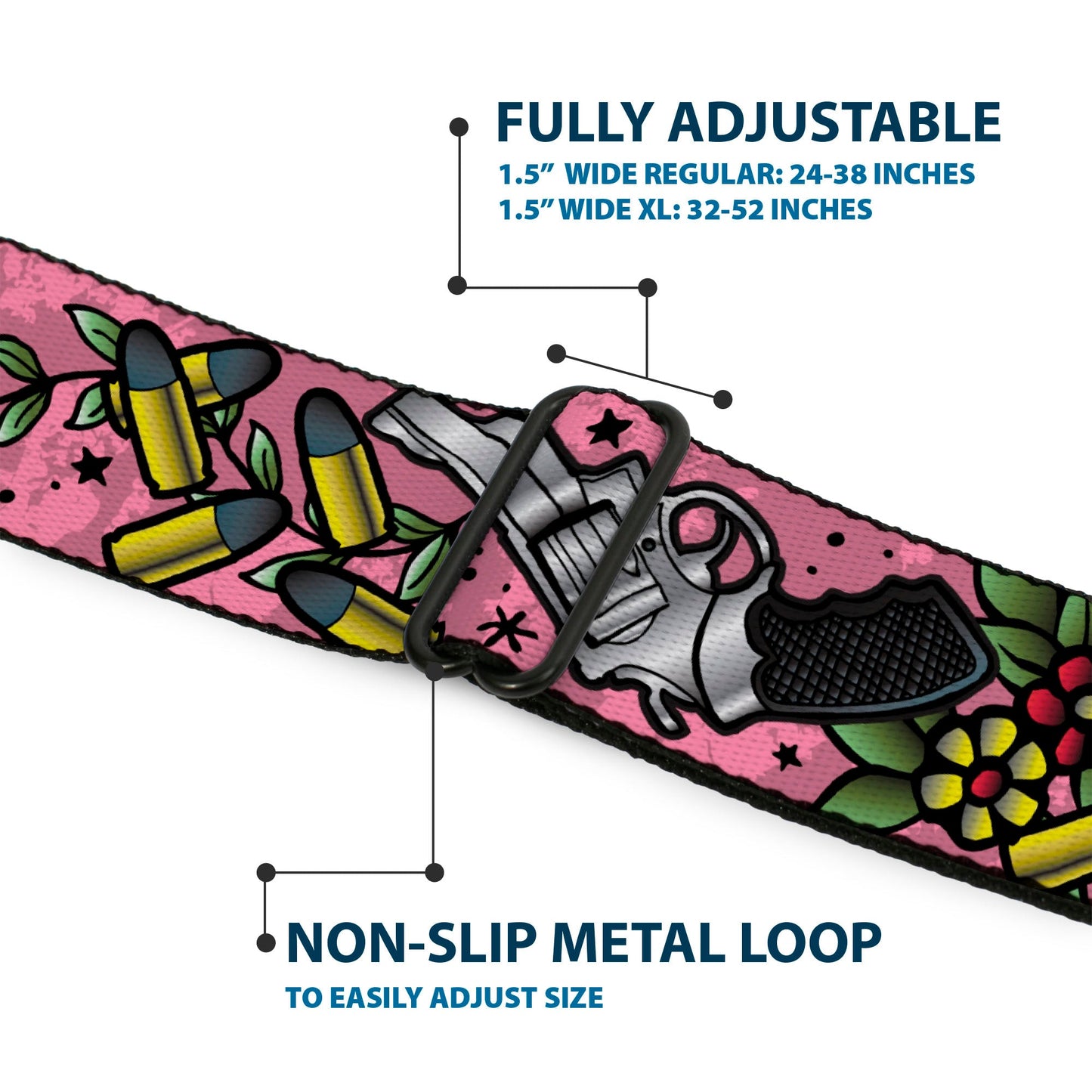 BD Wings Logo CLOSE-UP Full Color Black Silver Seatbelt Belt - Born to Raise Hell CLOSE-UP Pink Webbing