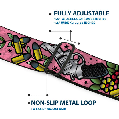 BD Wings Logo CLOSE-UP Full Color Black Silver Seatbelt Belt - Born to Raise Hell CLOSE-UP Pink Webbing