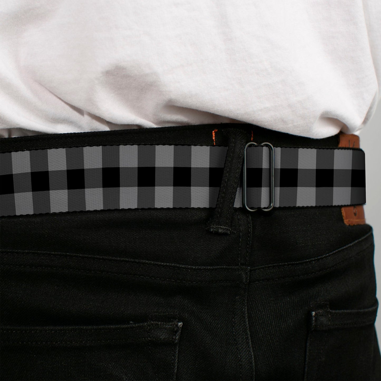 BD Wings Logo CLOSE-UP Full Color Black Silver Seatbelt Belt - Buffalo Plaid Black/Gray Webbing