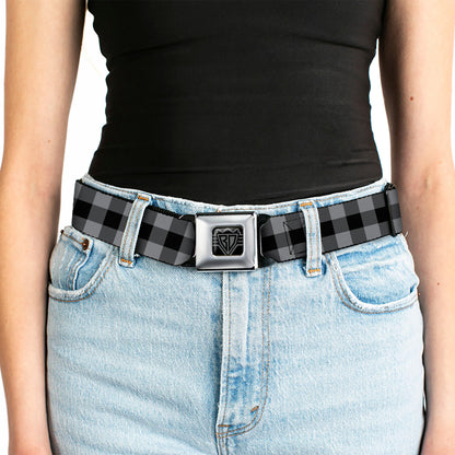 BD Wings Logo CLOSE-UP Full Color Black Silver Seatbelt Belt - Buffalo Plaid Black/Gray Webbing