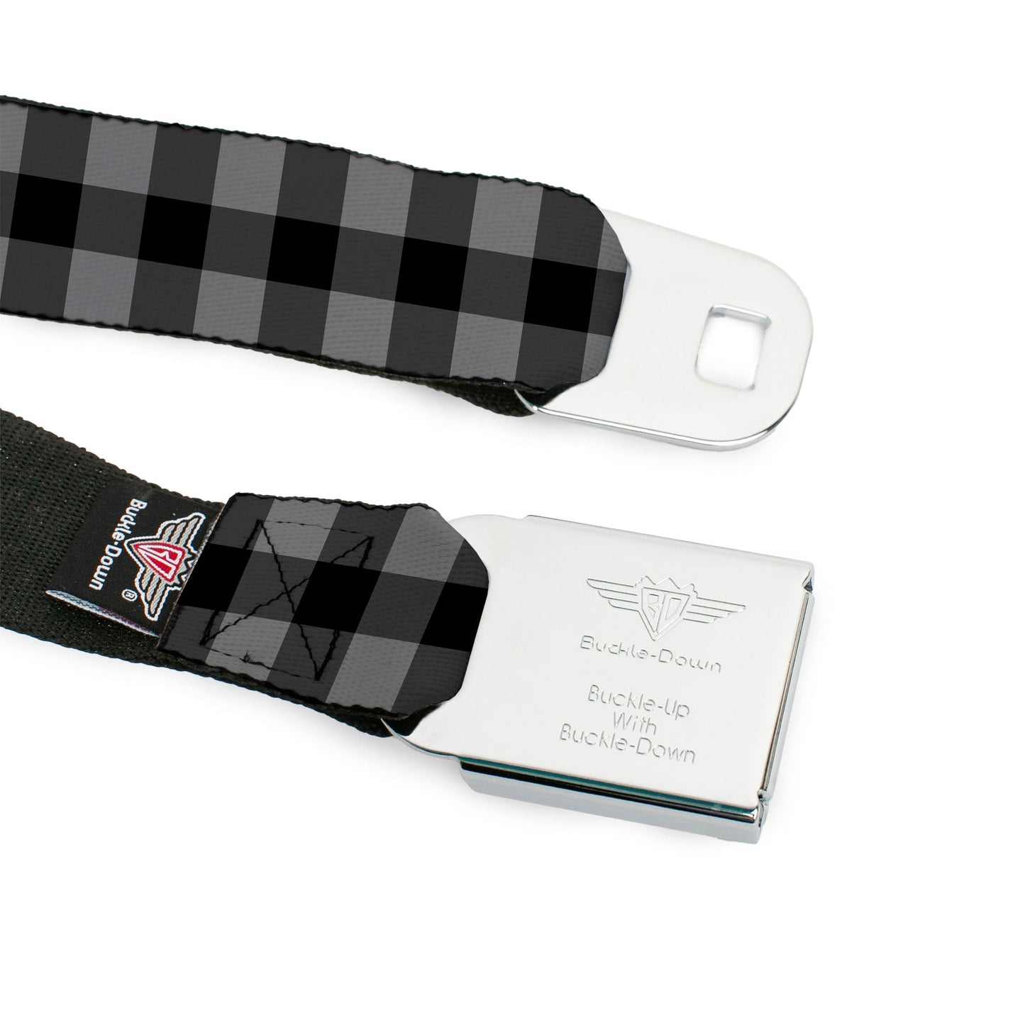 BD Wings Logo CLOSE-UP Full Color Black Silver Seatbelt Belt - Buffalo Plaid Black/Gray Webbing