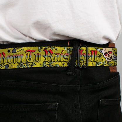 BD Wings Logo CLOSE-UP Full Color Black Silver Seatbelt Belt - Born to Raise Hell Yellow Webbing