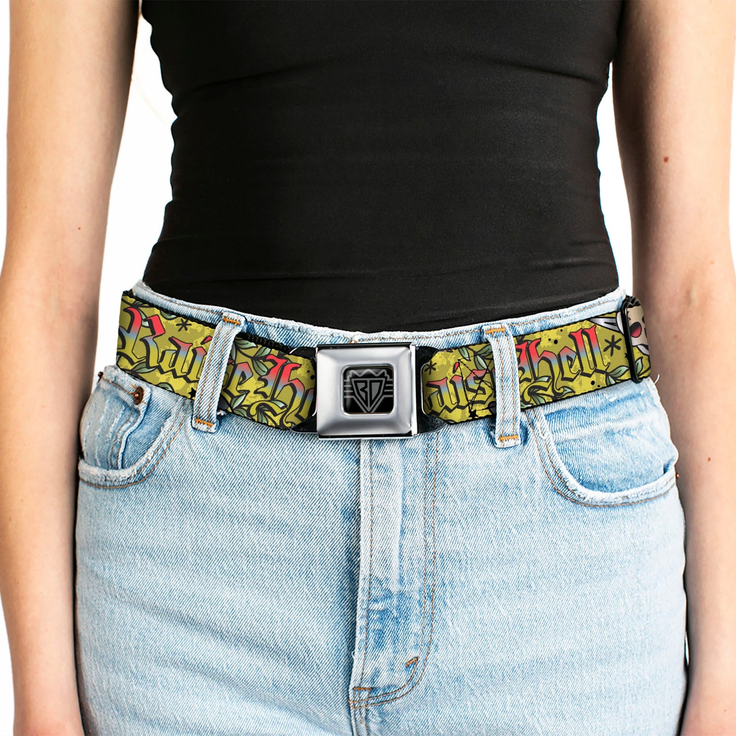 BD Wings Logo CLOSE-UP Full Color Black Silver Seatbelt Belt - Born to Raise Hell Yellow Webbing