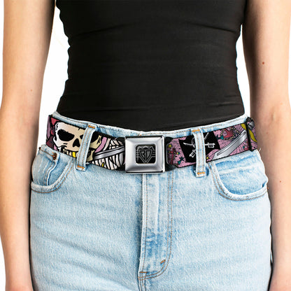 BD Wings Logo CLOSE-UP Full Color Black Silver Seatbelt Belt - Dead Men Tell No Tales Pink Webbing