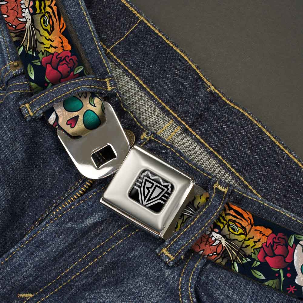 BD Wings Logo CLOSE-UP Full Color Black Silver Seatbelt Belt - Death Before Dishonor CLOSE-UP Black Webbing