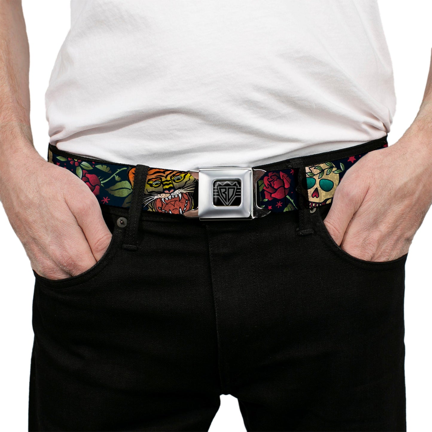 BD Wings Logo CLOSE-UP Full Color Black Silver Seatbelt Belt - Death Before Dishonor CLOSE-UP Black Webbing