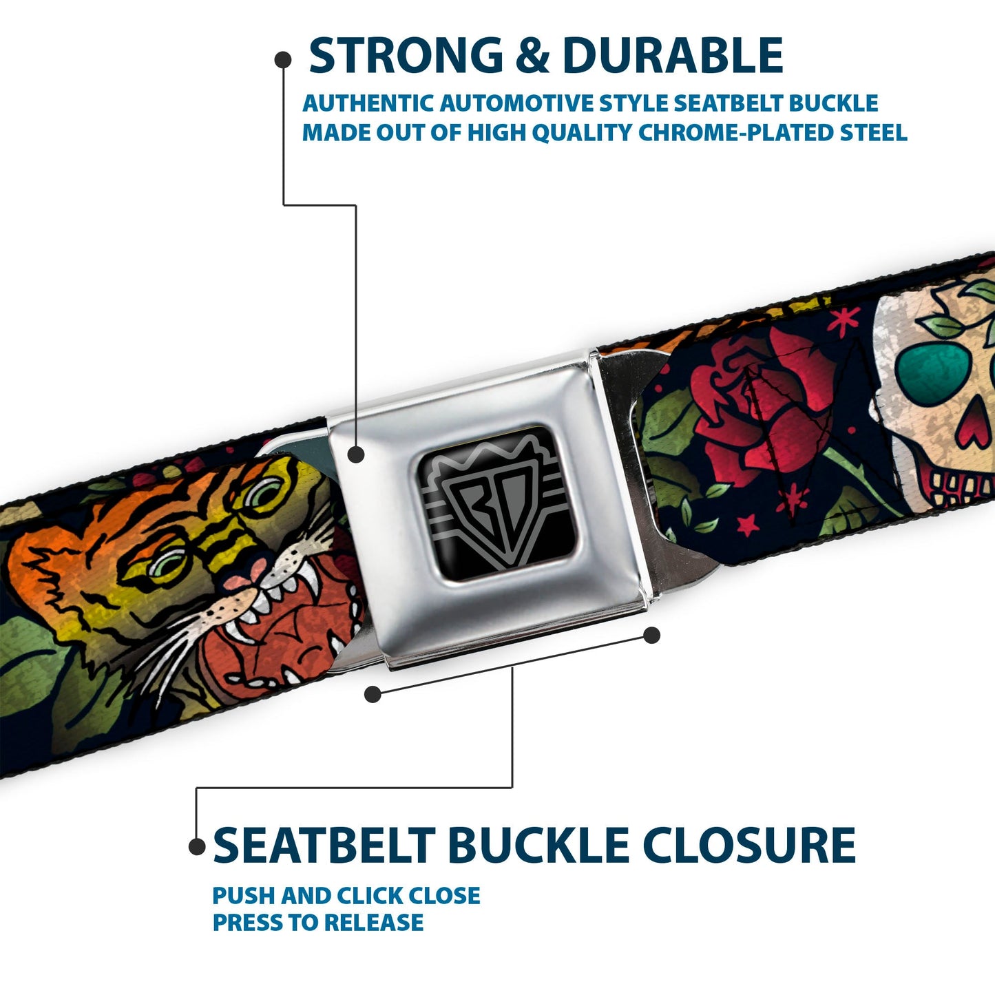 BD Wings Logo CLOSE-UP Full Color Black Silver Seatbelt Belt - Death Before Dishonor CLOSE-UP Black Webbing