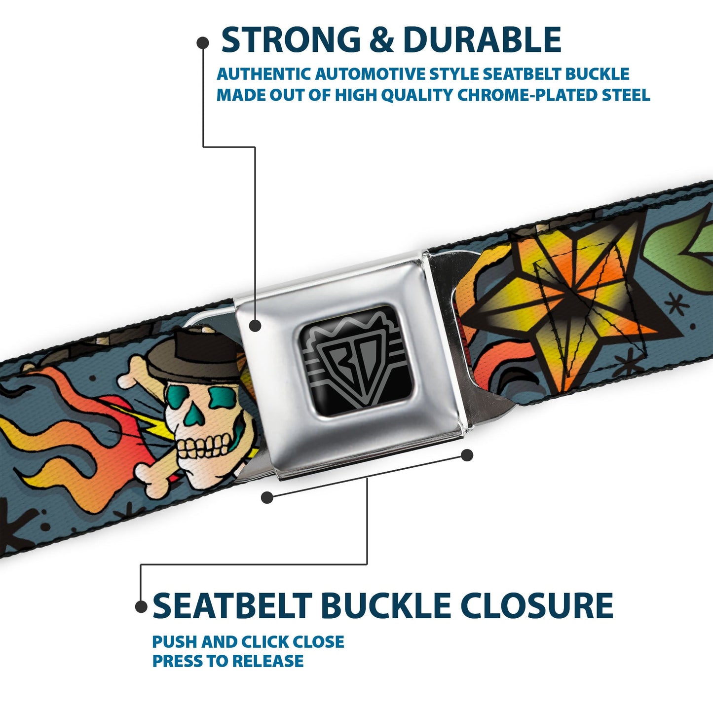 BD Wings Logo CLOSE-UP Full Color Black Silver Seatbelt Belt - Death or Glory CLOSE-UP Gray Webbing