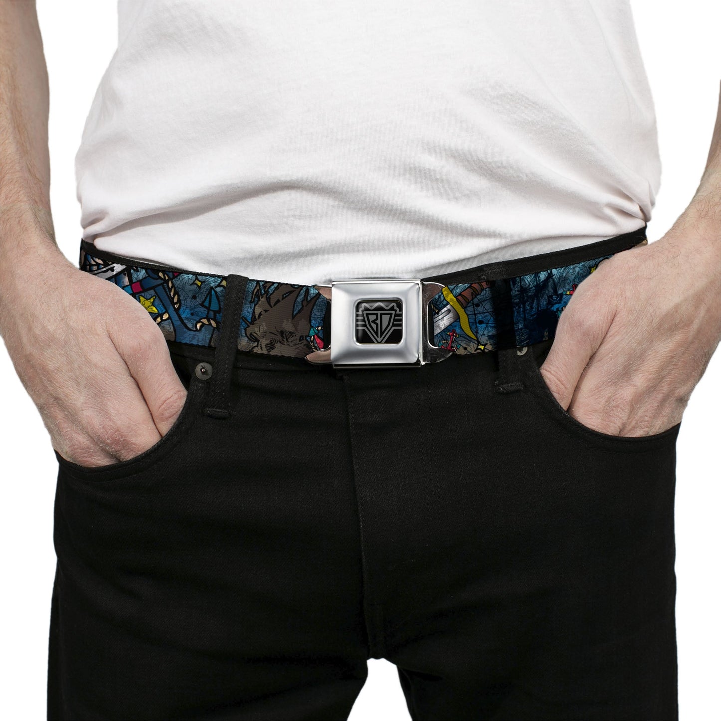 BD Wings Logo CLOSE-UP Full Color Black Silver Seatbelt Belt - Dead Men Tell No Tales CLOSE-UP Turquoise Webbing