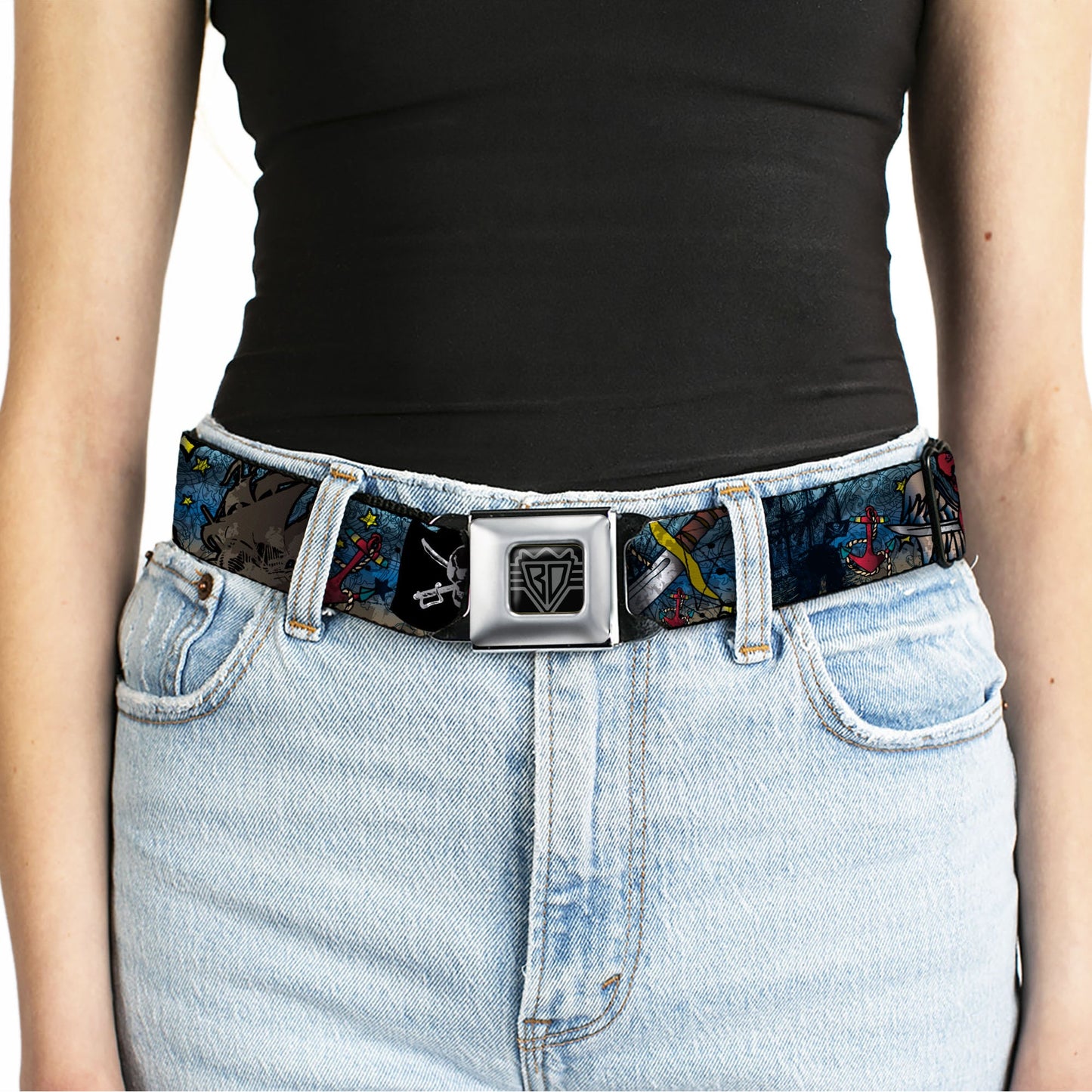 BD Wings Logo CLOSE-UP Full Color Black Silver Seatbelt Belt - Dead Men Tell No Tales CLOSE-UP Turquoise Webbing