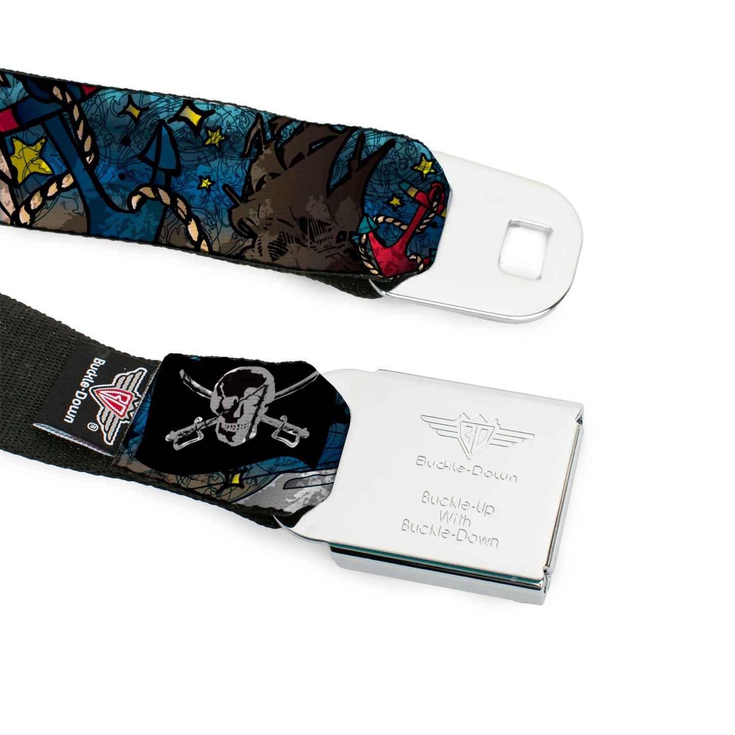 BD Wings Logo CLOSE-UP Full Color Black Silver Seatbelt Belt - Dead Men Tell No Tales CLOSE-UP Turquoise Webbing