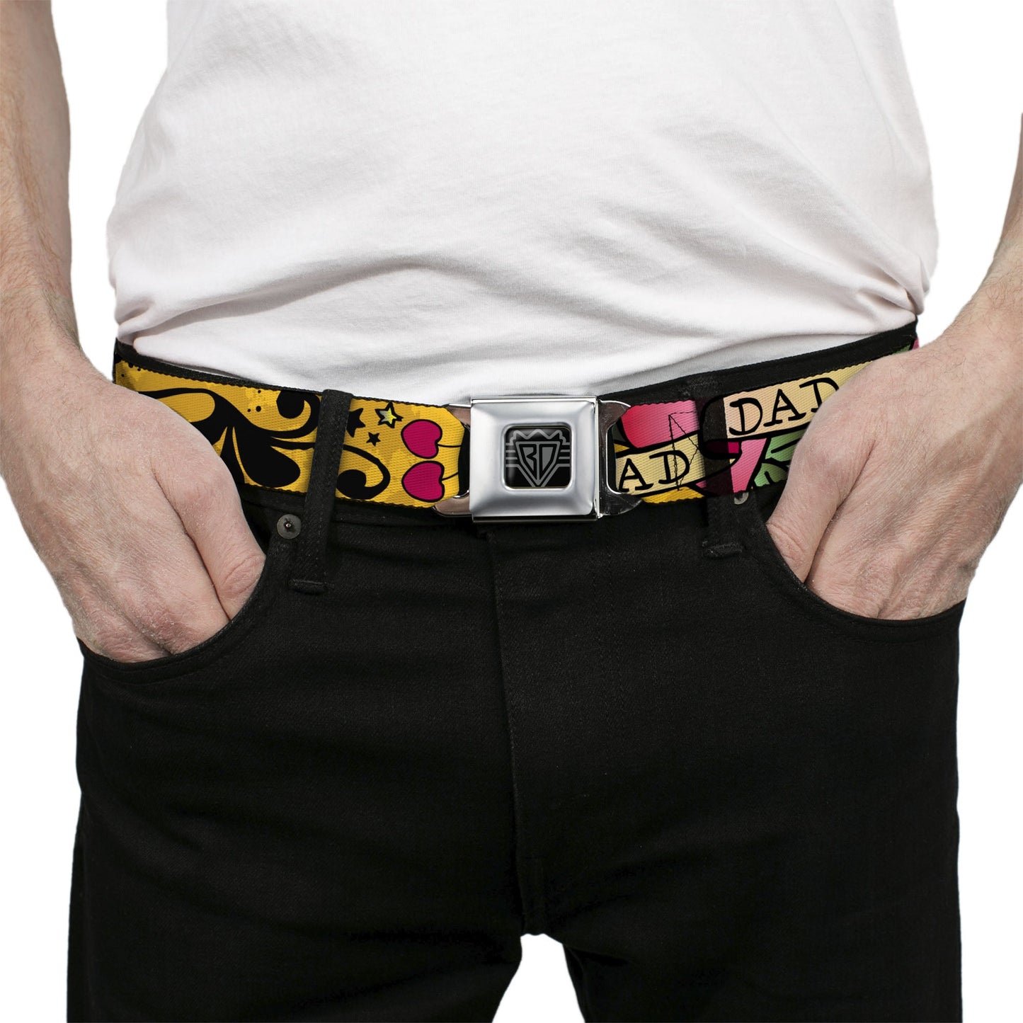 BD Wings Logo CLOSE-UP Full Color Black Silver Seatbelt Belt - Dad & Dad Yellow Webbing