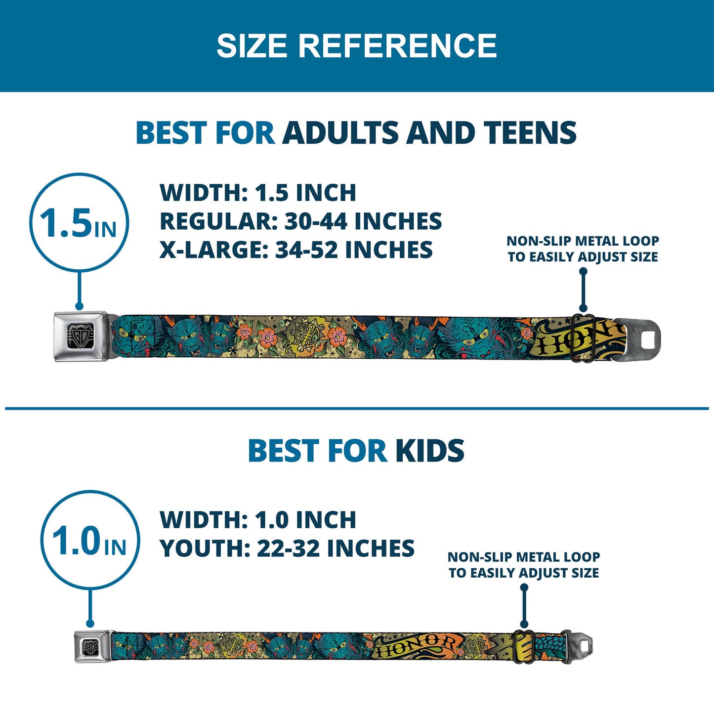 BD Wings Logo CLOSE-UP Full Color Black Silver Seatbelt Belt - Honor Tan Webbing