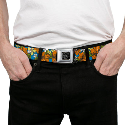 BD Wings Logo CLOSE-UP Full Color Black Silver Seatbelt Belt - Hibiscus Collage Blue/Orange/Yellow Webbing