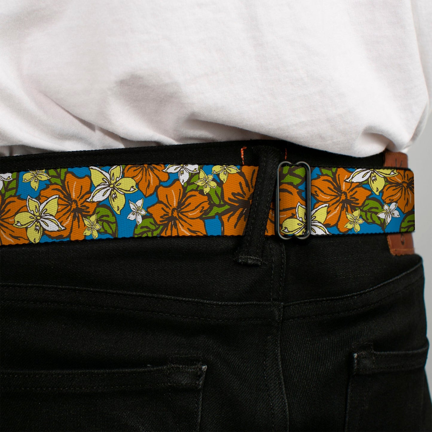 BD Wings Logo CLOSE-UP Full Color Black Silver Seatbelt Belt - Hibiscus Collage Blue/Orange/Yellow Webbing