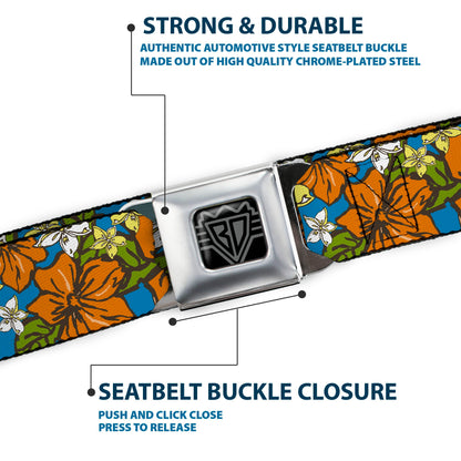 BD Wings Logo CLOSE-UP Full Color Black Silver Seatbelt Belt - Hibiscus Collage Blue/Orange/Yellow Webbing