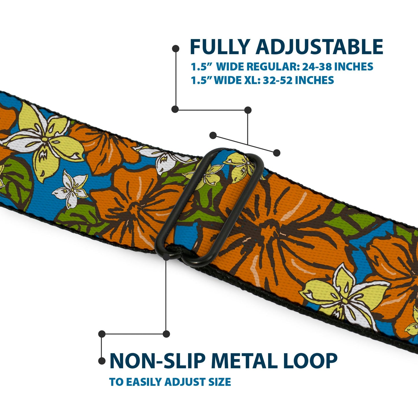 BD Wings Logo CLOSE-UP Full Color Black Silver Seatbelt Belt - Hibiscus Collage Blue/Orange/Yellow Webbing