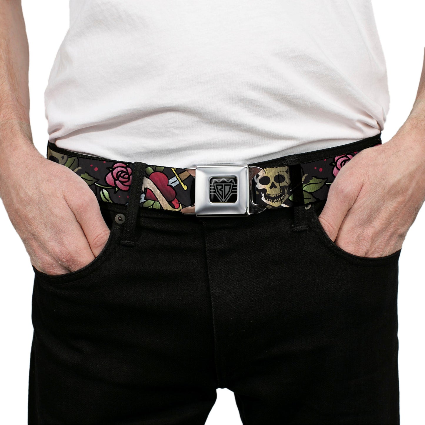 BD Wings Logo CLOSE-UP Full Color Black Silver Seatbelt Belt - Live Hard Die Young CLOSE-UP Black Webbing