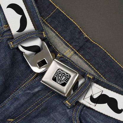 BD Wings Logo CLOSE-UP Full Color Black Silver Seatbelt Belt - Mustaches Straight White/Black Webbing