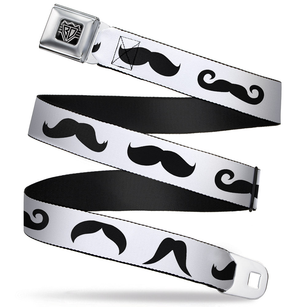 BD Wings Logo CLOSE-UP Full Color Black Silver Seatbelt Belt - Mustaches Straight White/Black Webbing