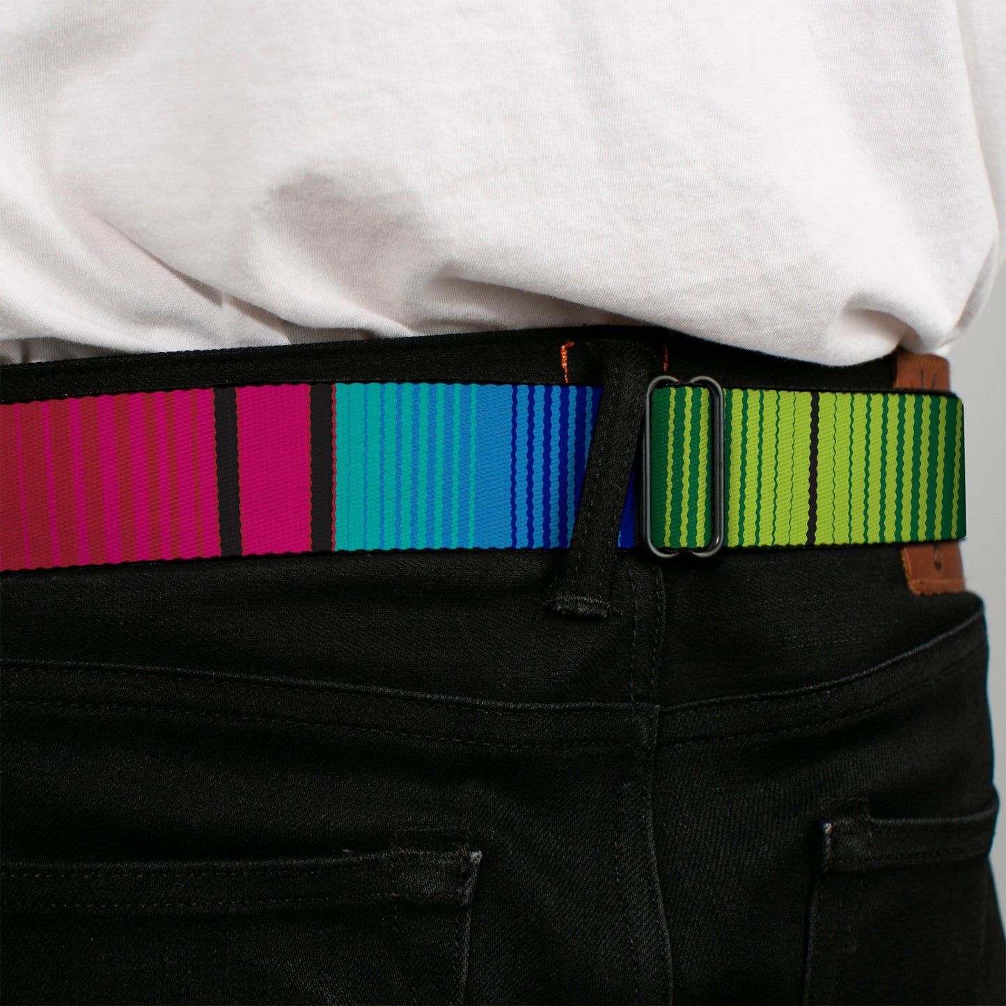 BD Wings Logo CLOSE-UP Full Color Black Silver Seatbelt Belt - Zarape7 Vertical Pinks/Blues/Greens/Black Webbing