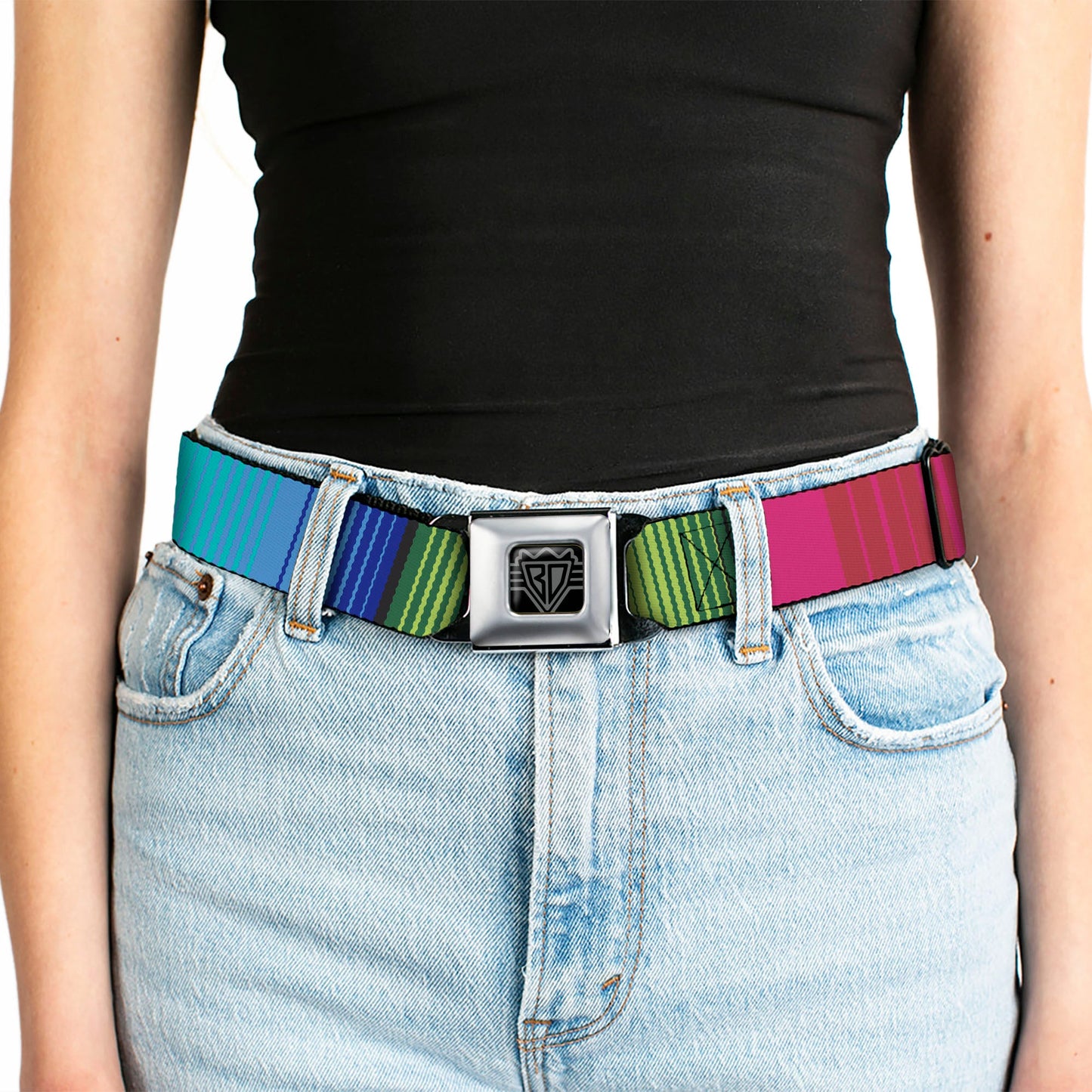 BD Wings Logo CLOSE-UP Full Color Black Silver Seatbelt Belt - Zarape7 Vertical Pinks/Blues/Greens/Black Webbing
