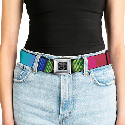 BD Wings Logo CLOSE-UP Full Color Black Silver Seatbelt Belt - Zarape7 Vertical Pinks/Blues/Greens/Black Webbing