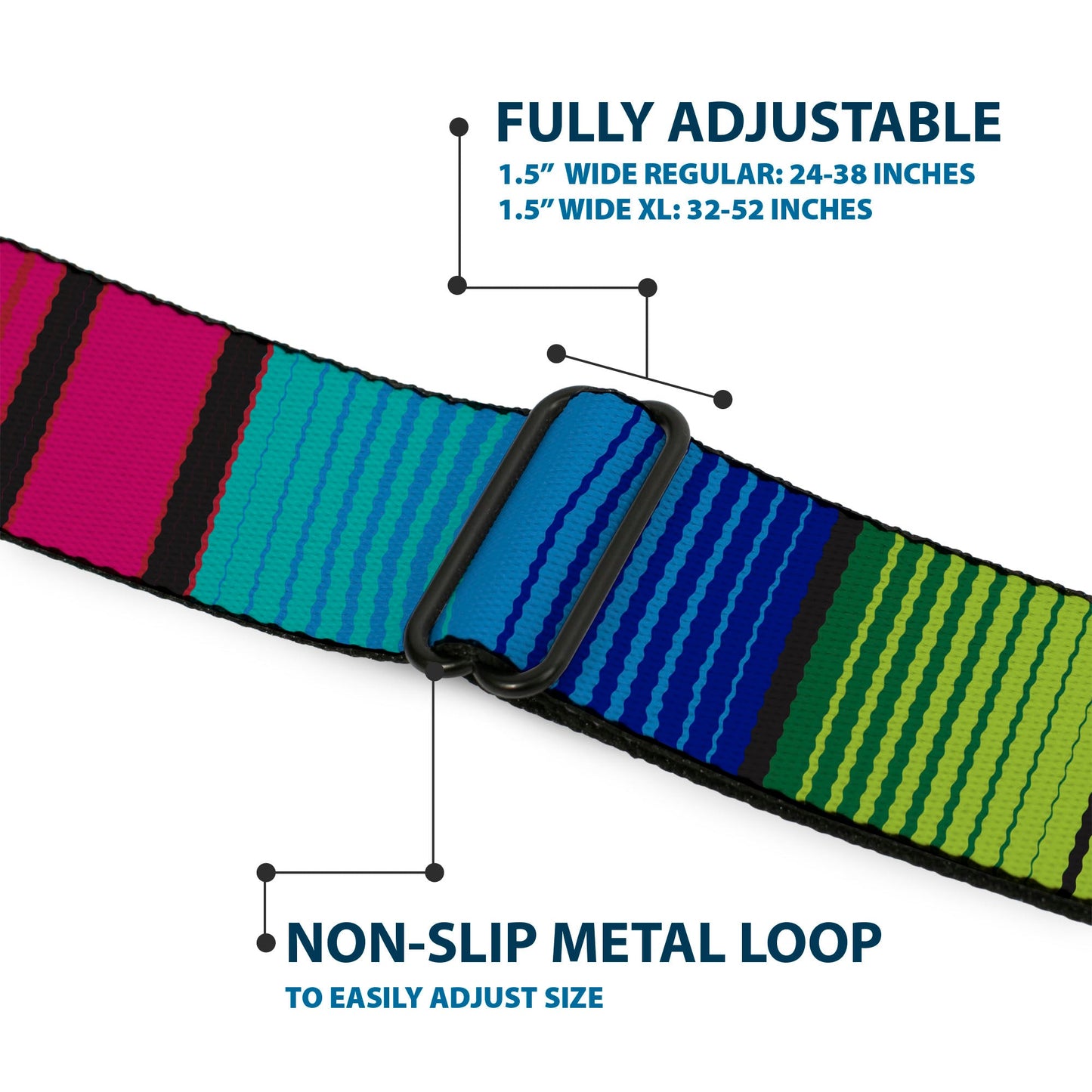 BD Wings Logo CLOSE-UP Full Color Black Silver Seatbelt Belt - Zarape7 Vertical Pinks/Blues/Greens/Black Webbing