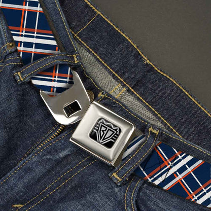 BD Wings Logo CLOSE-UP Full Color Black Silver Seatbelt Belt - Plaid X2 Navy/White/Orange Webbing